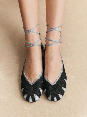 Black Casual Women's Crochet Effect Ankle Strap Round Toe Flat Shoes